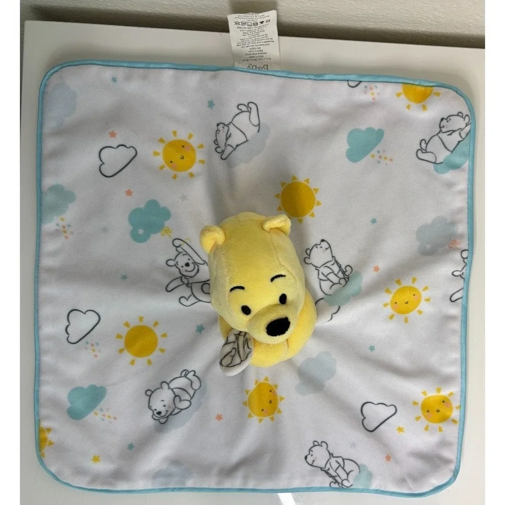 Disney Winnie the Pooh Baby Lovey Security Blanket Yellow Blue Sun Clouds